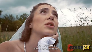 BRIDE4K. Pretty brunette bride fucks a horny shepherd in a summer field