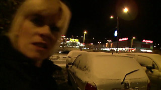 Sexy horny blonde sucks his cock outdoor in POV