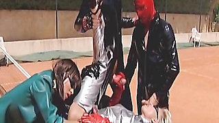 Latex German bitches assfucked and fisted in the foursome on the tennis court
