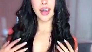 Busty curly brunette with big boobs fucks on couch