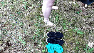 Complete naked girl in the woods and whipping her body and genitals