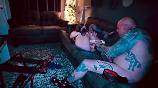 Big thick dildo ride while I suck his throbbing cock