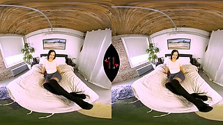 Puss In Boots - Big Tits Brunette Upskirt Leg Fetish Solo On The Bed