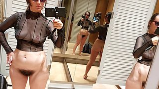 Hot mom with a hairy pussy and big titties tries on clothes