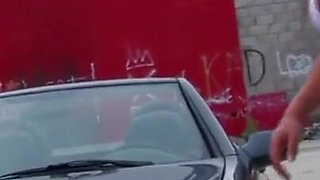 Pierced babe gets anally fucked in a car