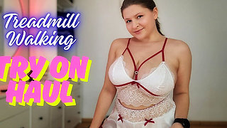 Treadmill Lingerie Tease - Walking in Cute Home Outfits with Bounce & Jiggling