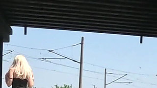 Slave Tih Shows Her Pussy and Tits Under the Bridge