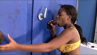 EBONY BABE FUCKS AND SUCKS 2 BBC - GLORY HOLE