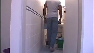 Black and white threesome milf fucking in the toilet