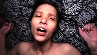 Small titted brunette teen fingering on the bed