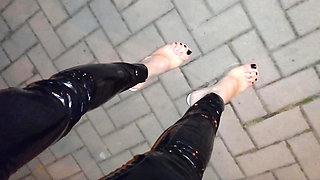 stripper high heels and latex - public walking