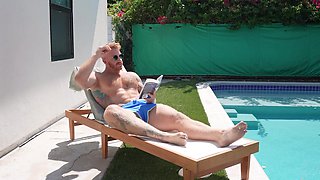 Inked Goth girl cums by the pool - POV Amateur