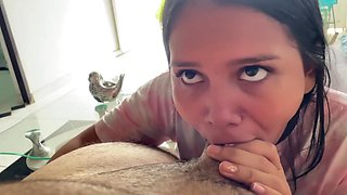 Sexy shy petite latina girl sucks my huge cock working hard with her tongue to please me