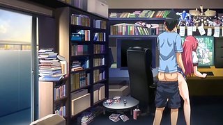 Busty anime coed gets phone called while fucking in the library room