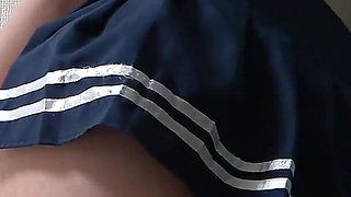 Observe the Body of a Busty Japanese Girl in a Miniskirt Uniform Sitting on a Chair in Her Apartment From Under the Desk