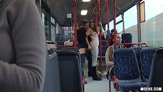 Horny busty girlie gave hr starving dawg deep throat blowjob right in bus