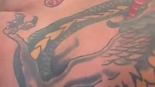 Tattooed man in big boobs milf in the kitchen...cum on tits