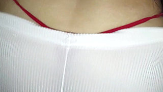 Mature Wearing Red Thread in Sheer Leggings Caught on the Street