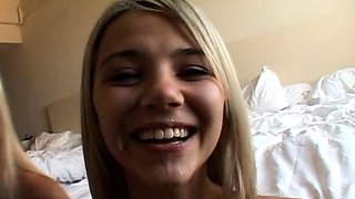 Two blonde teens in threesome at the pool