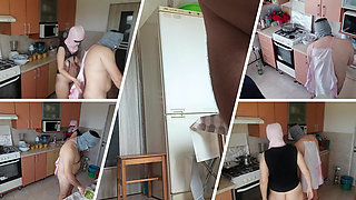 Hot amateur couple having fun in the kitchen. Sexy mom has breakfast in the bedroom, hairy pussy, big tits, big ass.