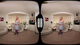 Jenny James Pinstripe Dress With Blue Glossy Tights/Pantyhose Treat - 8k Vr
