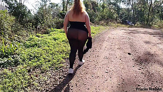 My stepmom in sheer pants without panties walking down the street