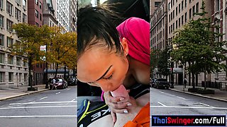 Public POV blowjob by busty Asian MILF