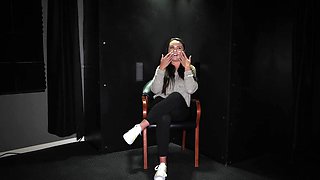 Nicole Sage, brunette, in bra and stockings, backstage dirt
