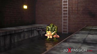 Big monster plays with a hot sexy girl in the sewer