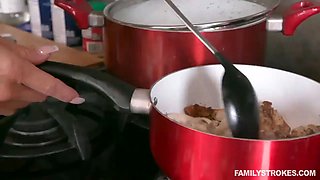 Perfect cougar step-mom with Big Boobs gets fucked by her son-in-law in the kitchen while grandpa is licking