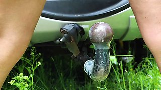 Wife fucks trailer hitch to squirt