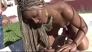 Black and white threesome fucking anal dildo penetrated in the garden