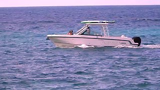 Amazing busty brunette slut doing blowjob outdoor