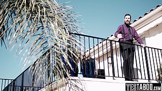 Full-bosomed gold digger fucks BF and stepdad