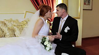 Intense double banging for a horny redhead bride in lingerie