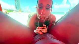 Cum loving tattooed MILF sucks off big black cock outdoors