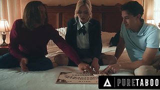 Lovely teen blonde gets fucked in both her tight holes bybher naughty stebrothers and filled with cum