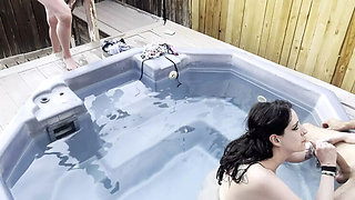 Big Dick Cleaner Fucks 2 Girls in Hot Tub - FFM Threesome & Cum on Faces