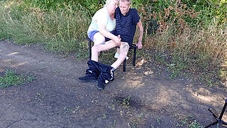 Stepmom sucks my dick in a public park on a bench until I cum