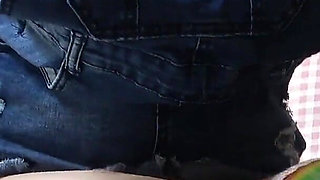 No Bra Denim Overalls Mini Skirt and White Micro Thong Wedgie Crotch, Perfect Body Big Tits Japanese Girl Seduce