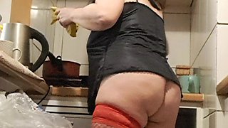 MILF with Red Stockings in the Kitchen