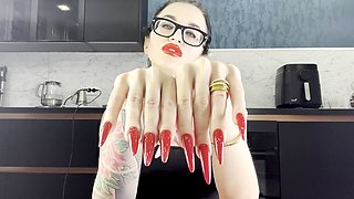 Long Nails Red, Long Fingers, Red Lips and Handjobs with Spit