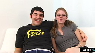 Cute Slim Nerdy Babe Has Fun With a Hunky BBC Guy In Front Of Her Step-bro