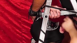 Fixed to a Ladder, Tied Down Slave Gets Ruined, Sucked and Milked Hard From Merciless Mistress
