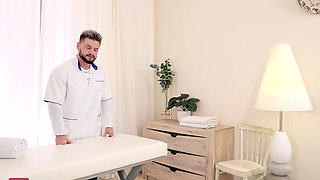 Tattooed blonde with a flexible body fucks after a massage