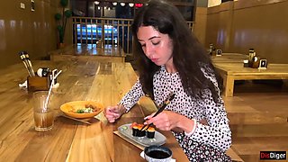 I Cum on a Girl's Face in Public Sushi Bar and She Eats Rolls with Cum on Her Face - Cumwalk