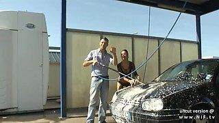 Pretty young amateur french babe hard sodomized in a public carwash