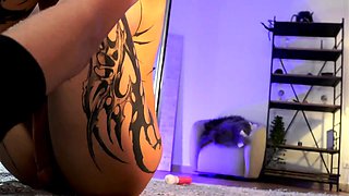 Hot busty masturbating shemale toys her ass