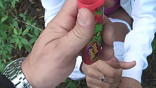 Stunning teen Jasmine Rouge gives a blowjob outdoors