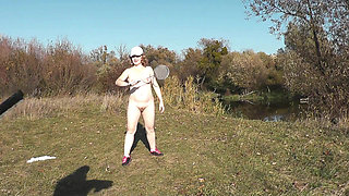 Autumn Sport. Cute sexy MILF Platinum strips naked and learns to play badbinton with lover. Naked in public. Outdoors. Outside